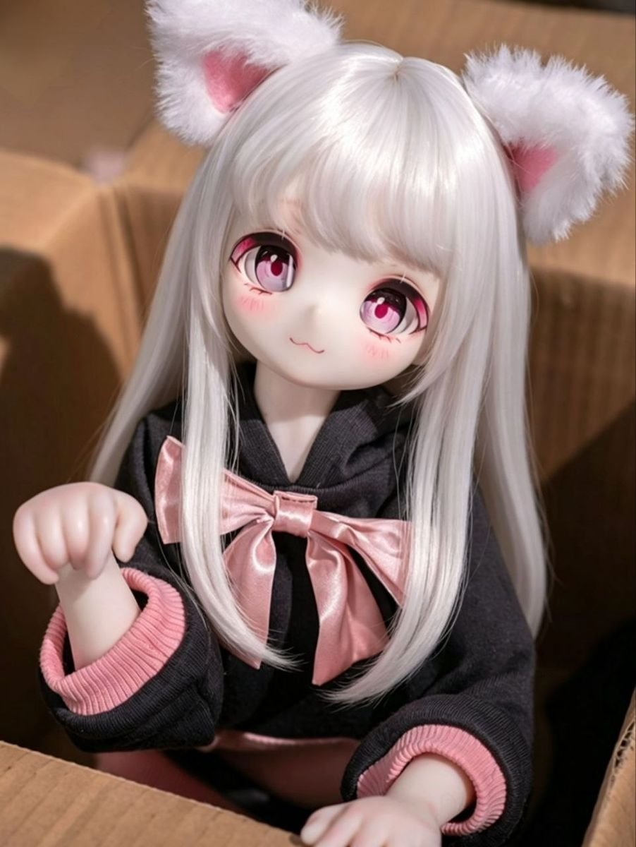 DD105 Luna 68cm TPE anime doll closeup of her face with large pink eyes and fluffy cat ears DD105 Luna - Anime TPE Figure with Articulated Skeleton, TPE Body PVC Head 68cm product image showing body appearance and material texture