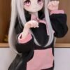 DD105 Luna 68cm TPE anime doll in a black and pink hoodie, showcasing her petite body and playful stance.