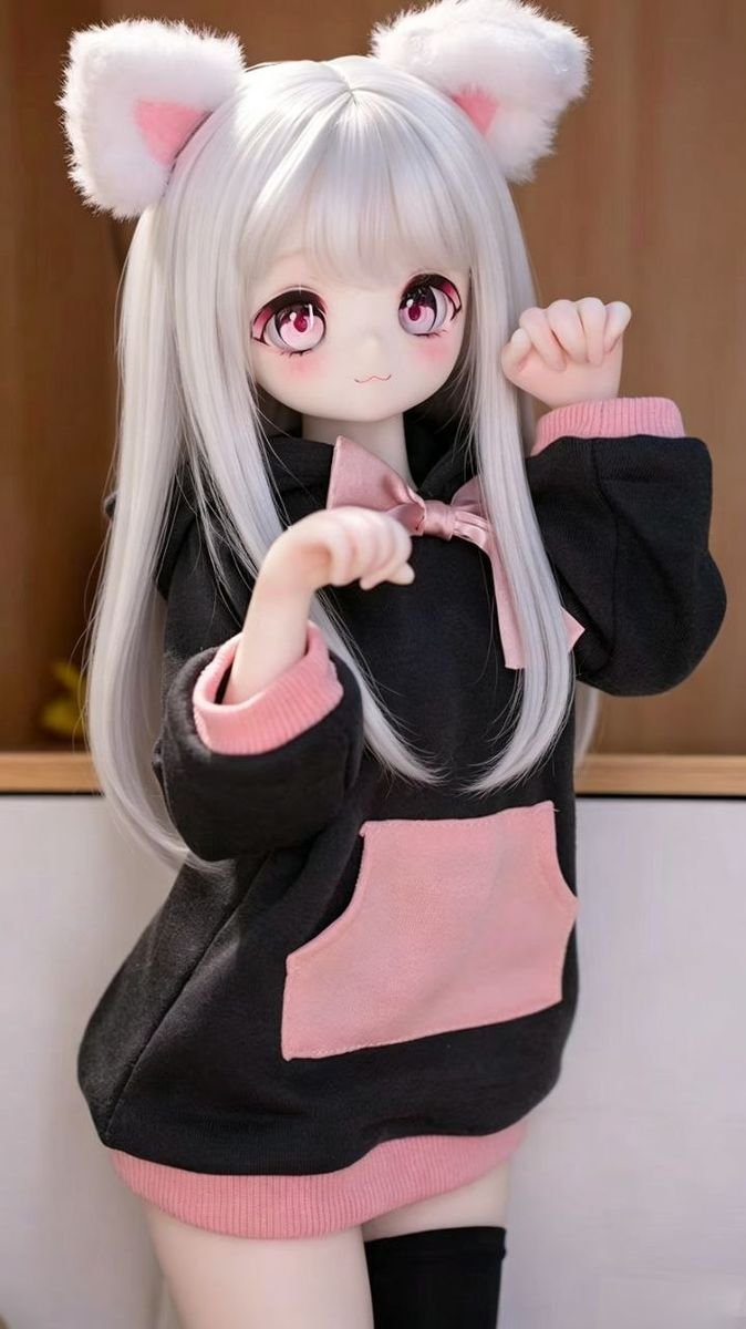 DD105 Luna 68cm TPE anime doll in a black and pink hoodie showcasing her petite body and playful stance Dd105 Luna Anime Tpe Figure with Articulated Skeleton Tpe Body Pvc Head 68cm Dd105 Luna 68cm Tpe Anime Doll in a Black and Pink Hoodie Showcasing Her Petite Body and Playful Stance Dd105 Dd105 luna full body hoodie pose anime figure