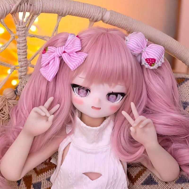 DD107 Lila 68cm TPE anime doll front view showing playful pose with pink wig and white dress Dd107 Lila Anime Tpe Figure with Articulated Skeleton Tpe Body Pvc Head 85cm Dd107 Lila 68cm Tpe Anime Doll Front View Showing Playful Pose with Pink Wig and White Dress Dd107 Dd107 lila anime doll front pose peace signs