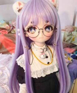 DD108 Luna 68cm TPE anime doll, close-up of her face featuring large blue eyes, round glasses, and a cute bell collar.