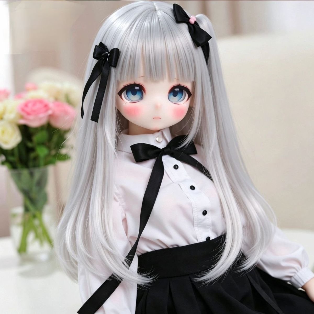 DD110 Luna 68cm TPE doll in a schoolgirl outfit featuring long silver hair and a full body pose Luna Dd110 Anime Full body Tpe Figure with Articulated Skeleton Tpe Body Pvc Head 85cm Dd110 Luna 68cm Tpe Doll in a Schoolgirl Outfit Featuring Long Silver Hair and a Full Body Pose Dd110 Dd110 luna full body pose schoolgirl outfit