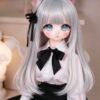 DD110 Luna 68cm TPE doll, head and shoulders view wearing a white blouse with a black bow tie.