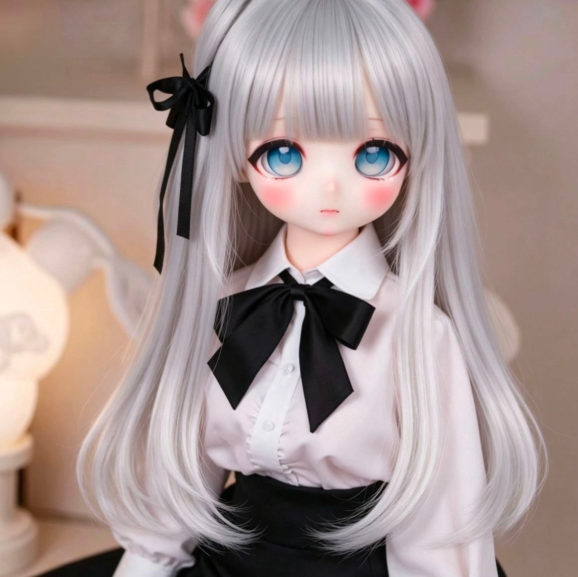 DD110 Luna 68cm TPE doll head and shoulders view wearing a white blouse with a black bow tie Luna Dd110 Anime Full body Tpe Figure with Articulated Skeleton Tpe Body Pvc Head 85cm Dd110 Luna 68cm Tpe Doll Head and Shoulders View Wearing a White Blouse with a Black Bow Tie Dd110 Dd110 luna head shot white blouse black bow