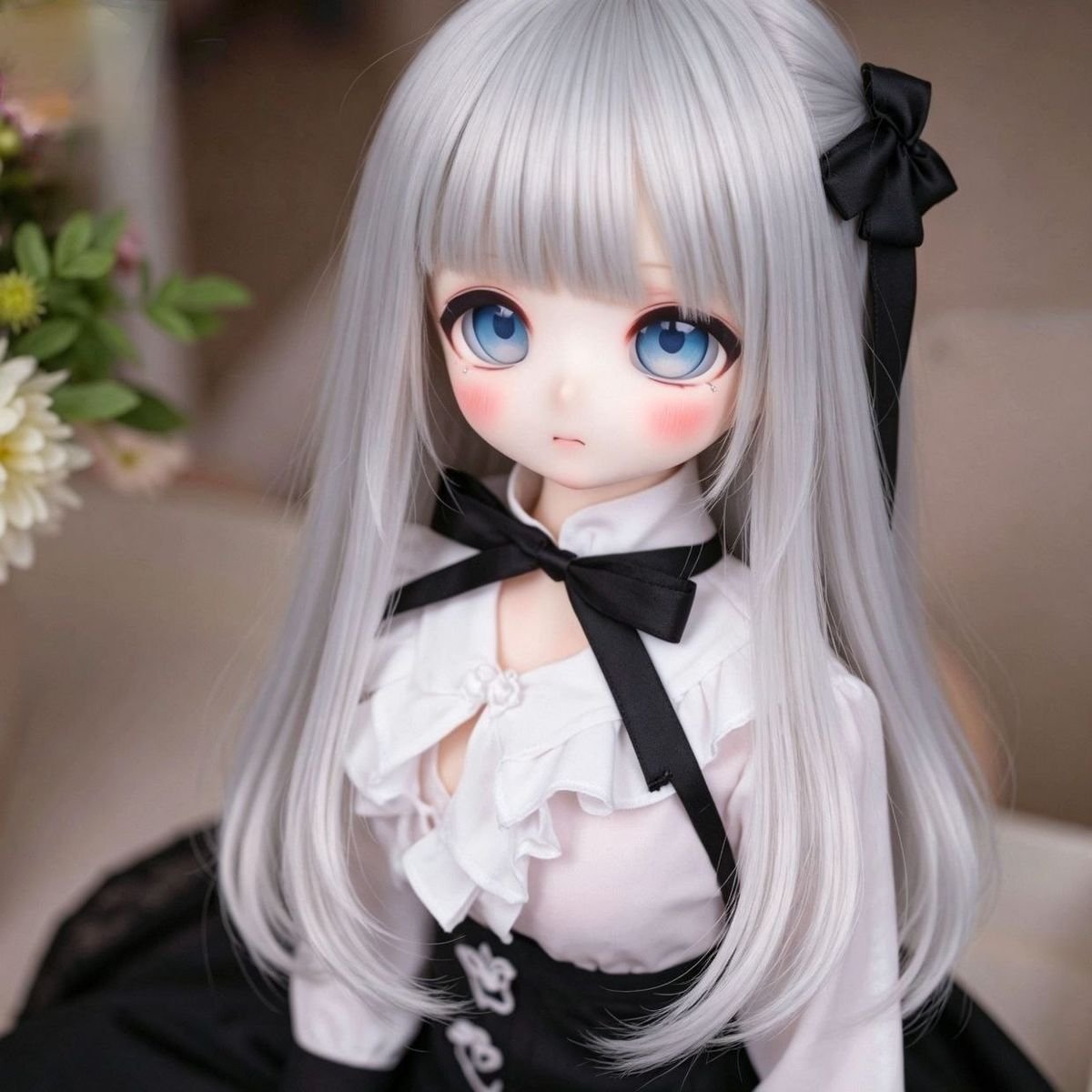 DD110 Luna 68cm TPE doll upper body view highlighting the ruffled details of her white blouse and black ribbon Luna Dd110 Anime Full body Tpe Figure with Articulated Skeleton Tpe Body Pvc Head 85cm Dd110 Luna 68cm Tpe Doll Upper Body View Highlighting the Ruffled Details of Her White Blouse and Black Ribbon Dd110 Dd110 luna upper body ruffled blouse detail