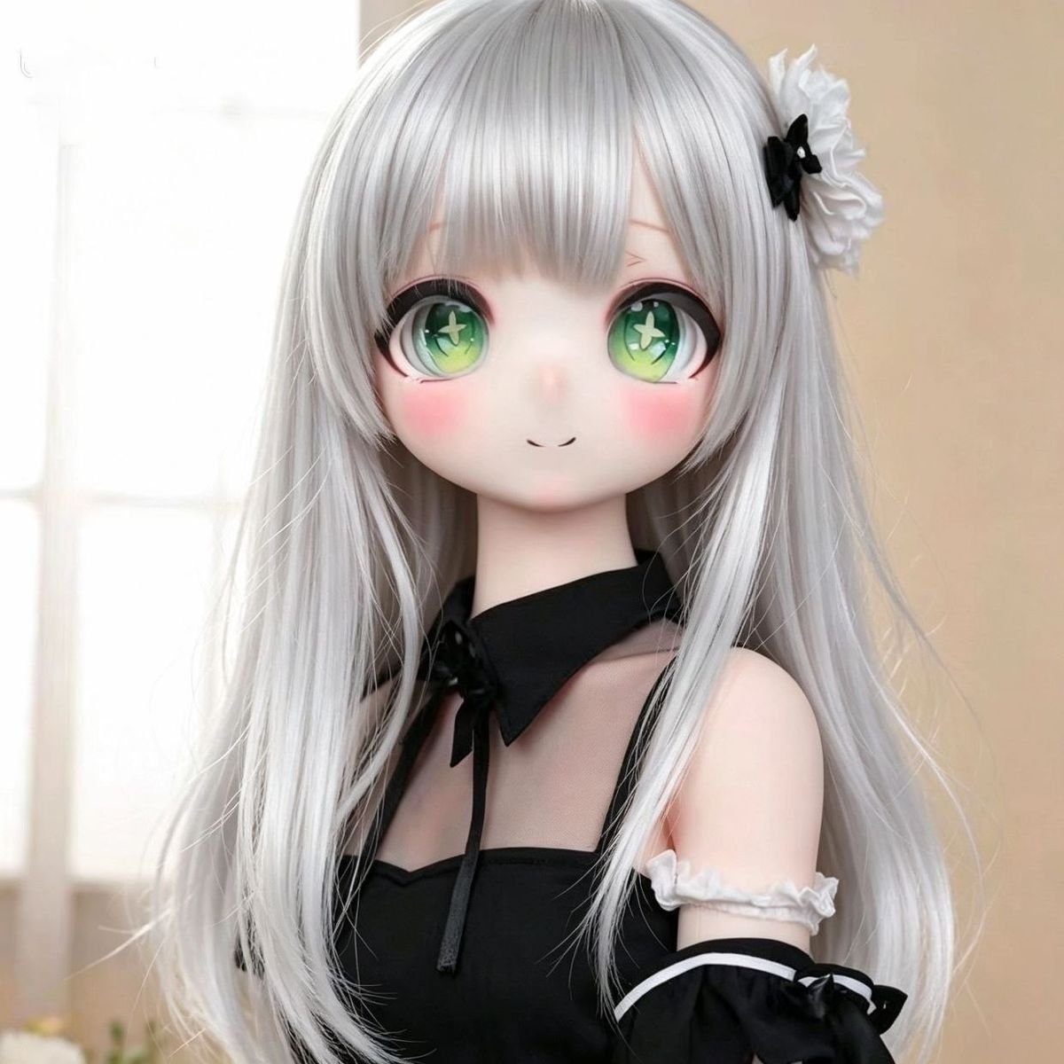 DD111 Luna 68cm TPE anime doll closeup of her face with striking green eyes silver hair and delicate features DD111 Luna - Anime TPE Doll with Articulated Skeleton, TPE Body PVC Head 68cm product image showing body appearance and material texture