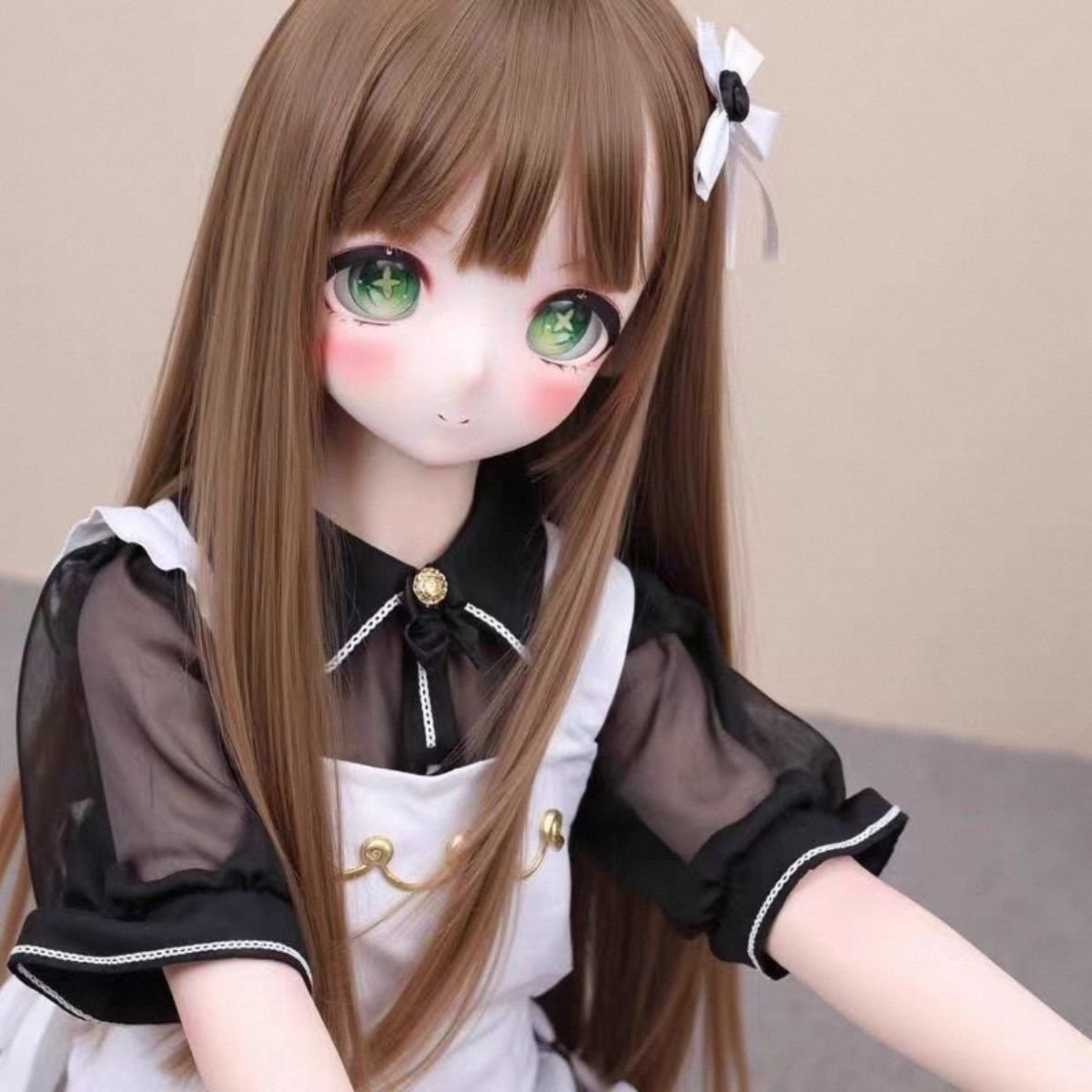 DD112 Miyuki 68cm TPE anime doll closeup view of her face and maid outfit with green eyes and brown hair DD112 Miyuki - Anime Full-Body TPE Figure with Articulated Skeleton 68cm product image showing body appearance and material texture