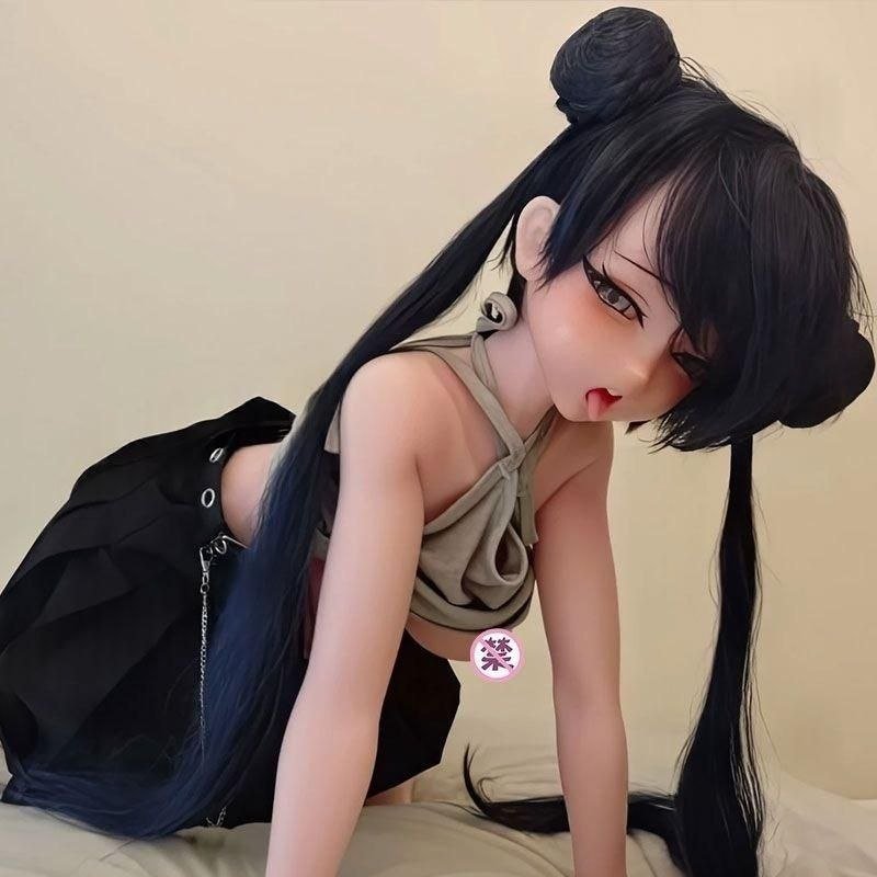 DD114 Yumi 168cm TPE body silicone head realistic doll in a playful kneeling pose with a black skirt DD114 Yumi - TPE Body + Silicone Head Realistic Doll 68cm product image showing body appearance and material texture