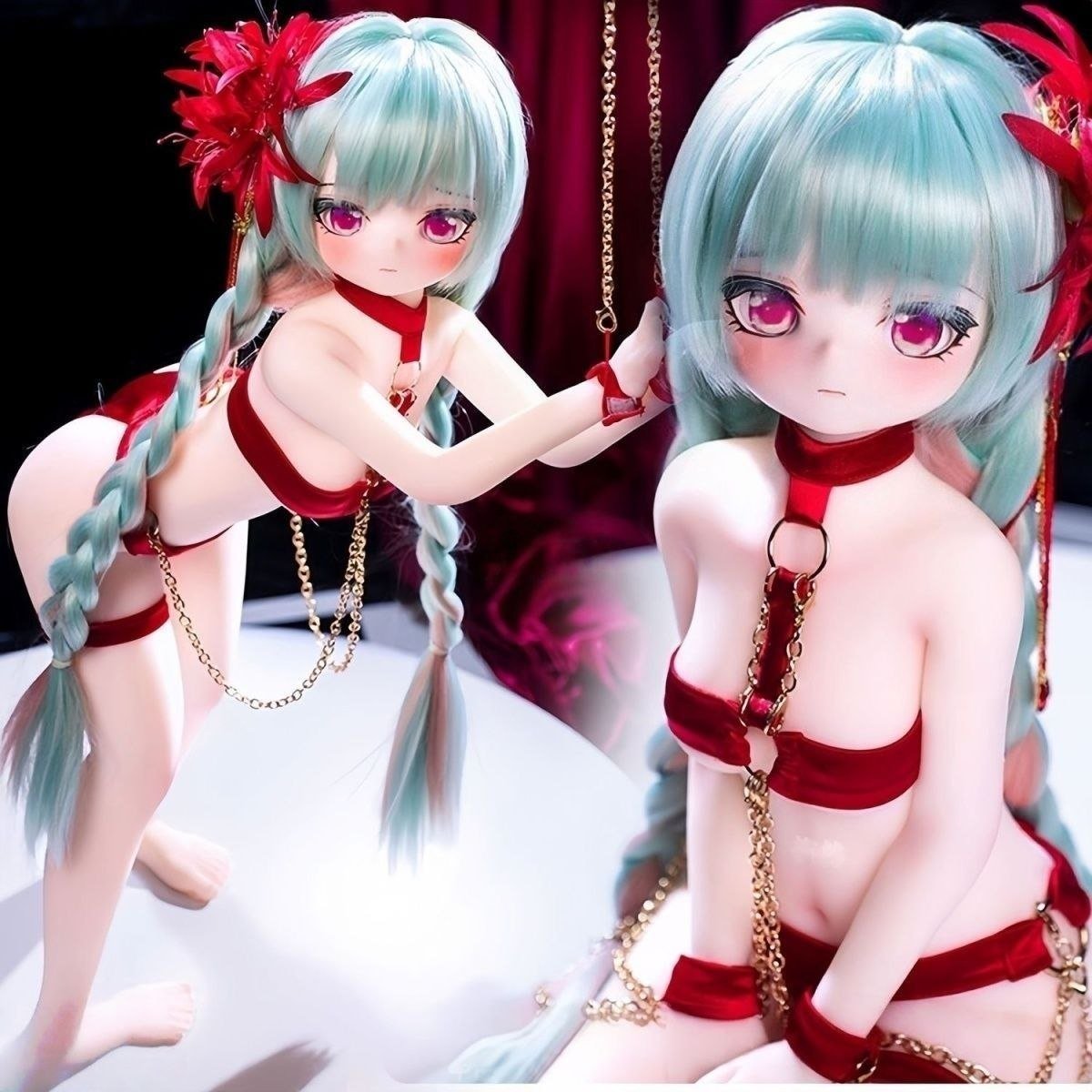DD125 Lyra 68cm TPE anime doll in a dynamic pose with a red outfit and gold chains DD125 Lyra - Anime TPE Doll with Articulated Skeleton, Realistic Features 68cm product image showing body appearance and material texture