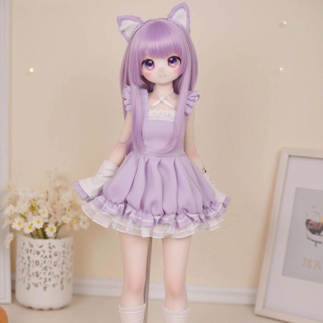 tg725203031420260902175343 Luna 68cm TPE anime doll full body front view showcasing her charming lavender dress and cat ears Luna - Anime Full-Body TPE Figure with Articulated Skeleton, TPE Body PVC Head 68cm product image showing body appearance and material texture